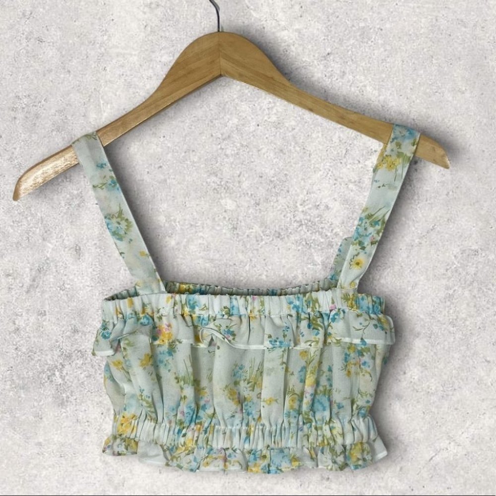 With Jean Floral Ruffle Crop Top Size XS Avena Blue White Yellow Cotton Boho - Picture 7 of 12